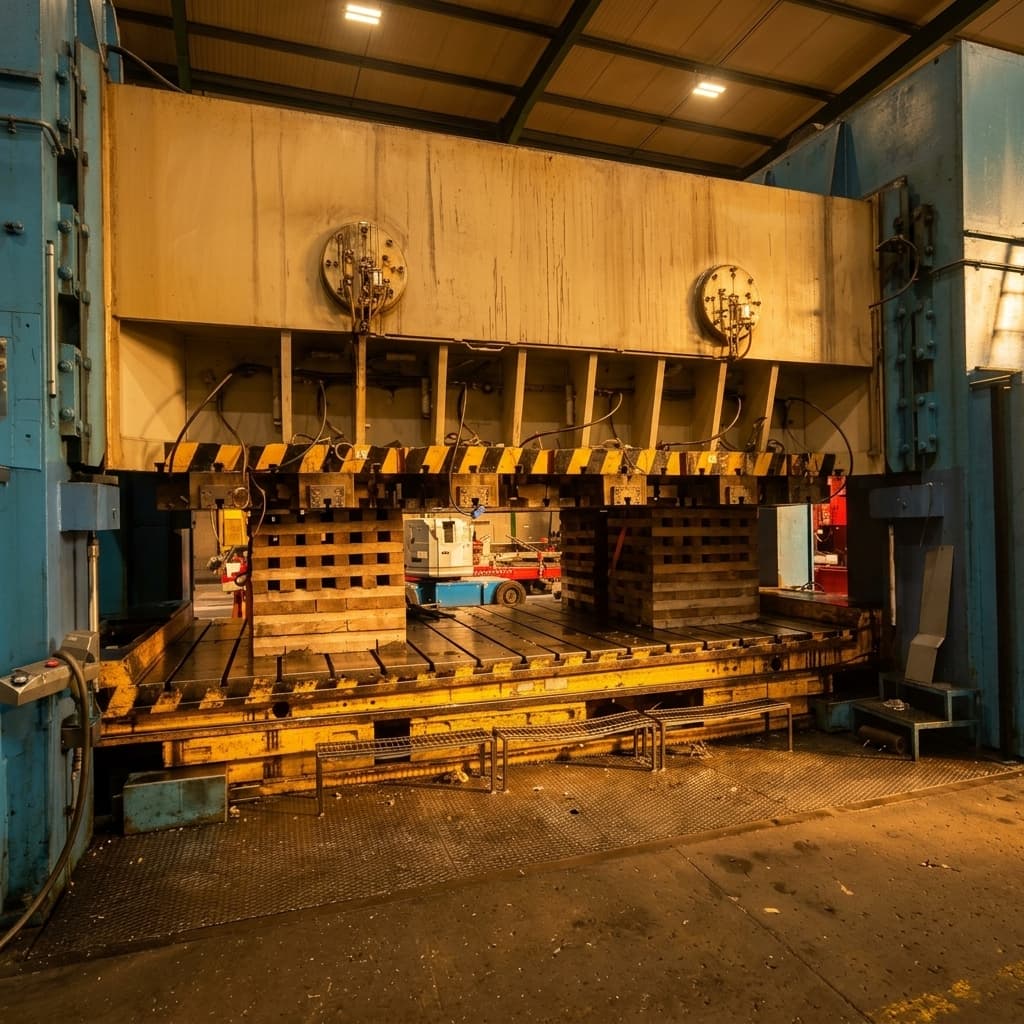 Hydraulic press secured with wooden blocking during disassembly