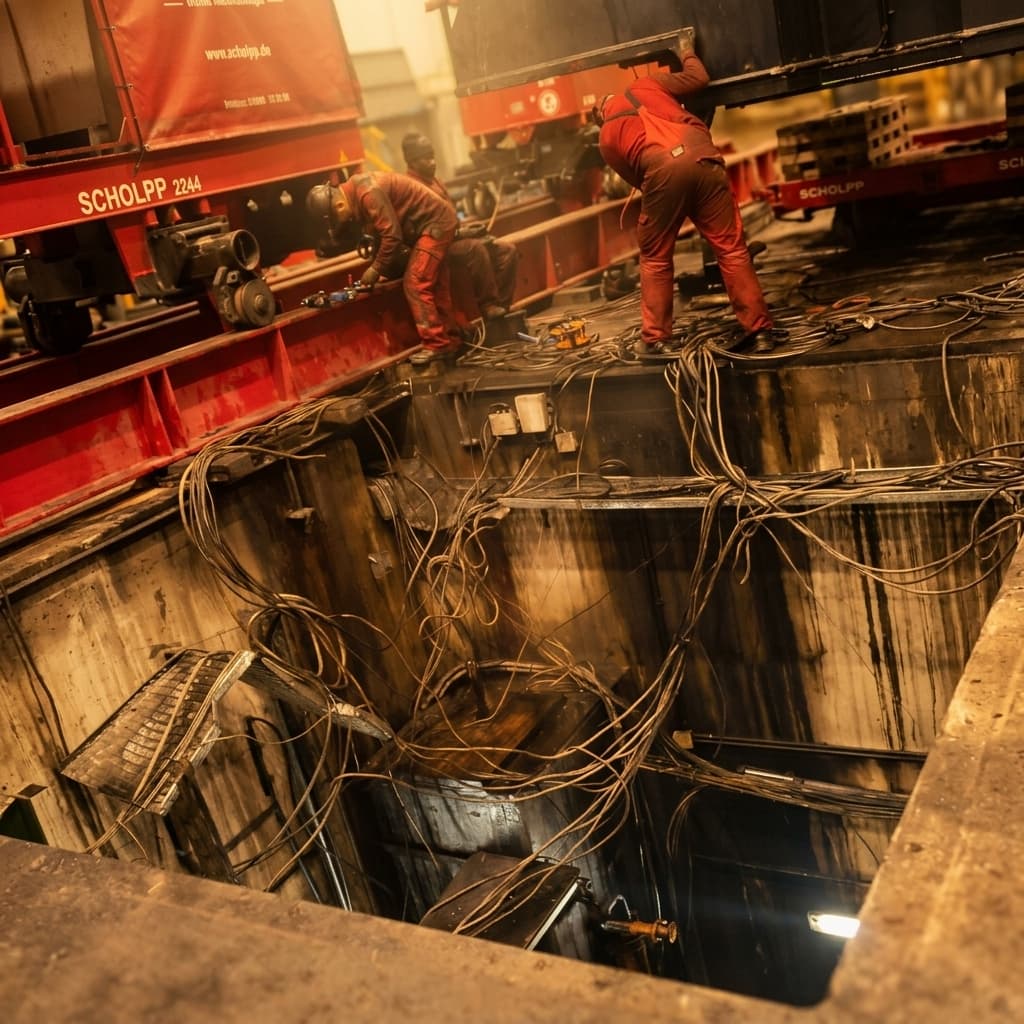 Technicy spinający instalację kablową nad wykopem fundamentowym