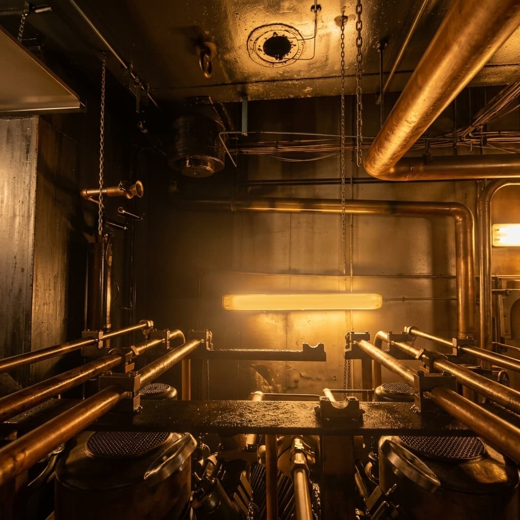 Furnace technical back area with pipe installation, view from inside the structure