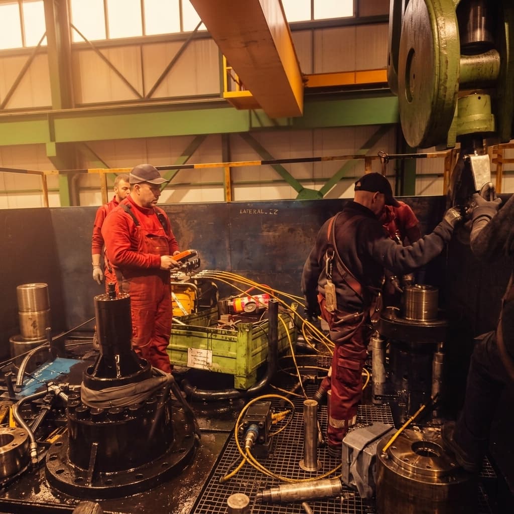 Montaż zespołu hydraulicznego prasy przez zespół techników