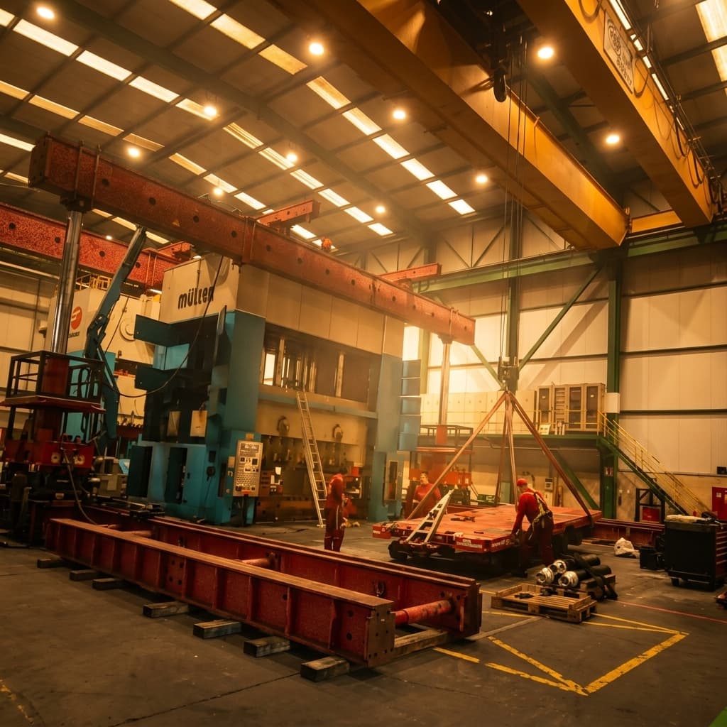 Gantry crane moving a steel beam beside a press in the assembly hall