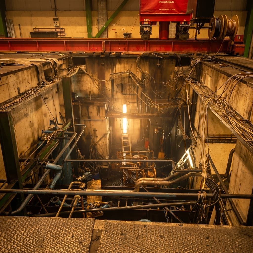 Foundation excavation for the press with cabling and a service ladder