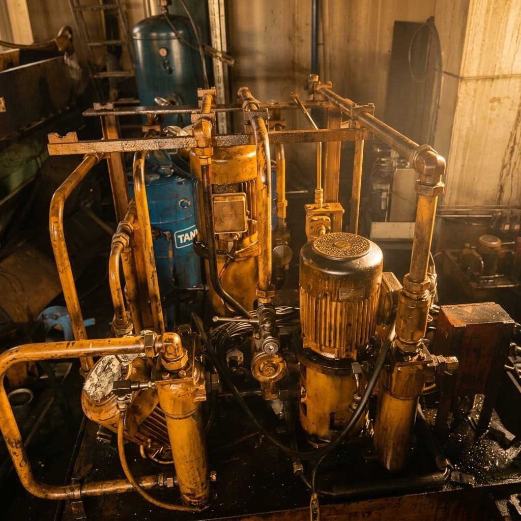 Hydraulic power unit feeding the press, close-up view