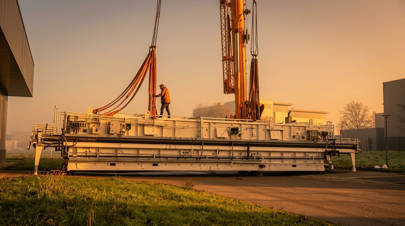 Transport wielkogabarytowego elementu linii produkcyjnej dźwigiem o zachodzie słońca