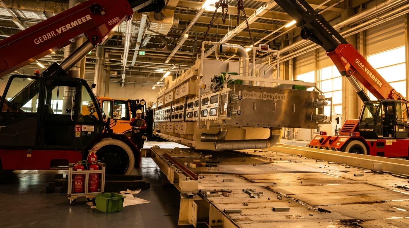 Transport pieca przemysłowego dwoma dźwigami kołowymi w hali produkcyjnej