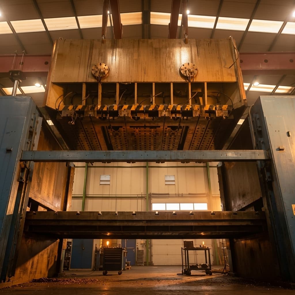 Raised hydraulic press ram between the frame uprights, seen from bed level