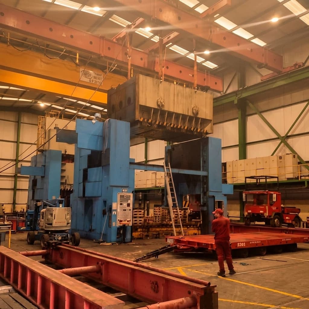 Hydraulic press in the hall beside a self-propelled transport module and a technician in overalls