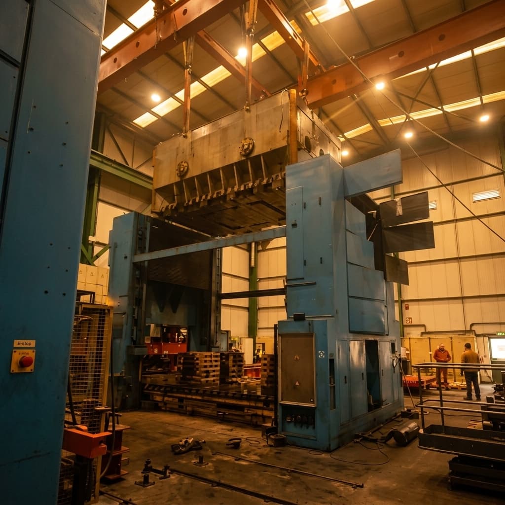 Hydraulic press ram suspended from a crane beam above the blue machine frame