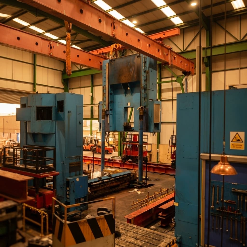 Hydraulic press frame at the assembly position under a gantry crane